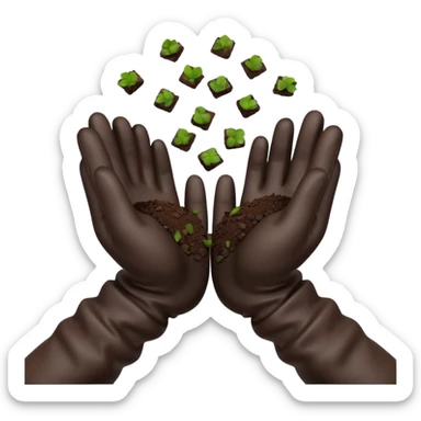 A 3D cartoon pair of gloved hands holding rich dark soil, small bits falling between fingers, bright garden background, soft light, Memoji-style realism. sticker