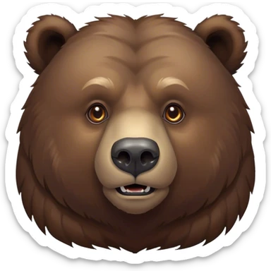 Cinematic Noble Grizzly Bear Portrait Emoji, Poised and regal, with a massive, powerful build and a thick, rugged deep brown fur, piercing deep-set soulful eyes, Simplified yet sharp and sophisticated features, highly detailed, glowing with a soft, dignified glow, high shine, intelligent and formidable, stylized with an air of untamed wilderness, focused and attentive, soft glowing outline, capturing the essence of a watchful and commanding guardian, so majestic it feels as though it could lumber out of the screen with effortless authority! sticker
