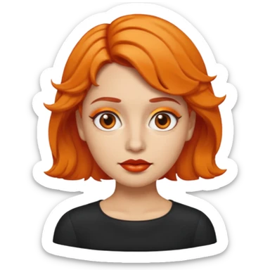 A person emoji with light skin, short orange wavy hair swept to one side, matching orange eyebrows, brown eyes, an oval-shaped face, a small nose, and dark lipstick. sticker