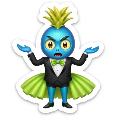 Angry blue banana fruit wearing a sparkly lime green tuxedo and tutu sticker