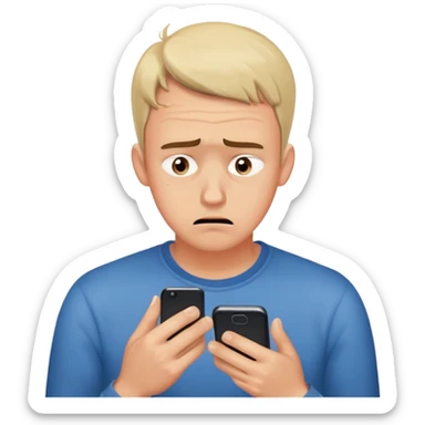 man with anxious attachment style frantically checking his phone with worried eyes and nervous expression, sweat drops on forehead, staring intensely at phone screen waiting for message reply, finger hovering over screen ready to respond immediately, notification symbols visible sticker