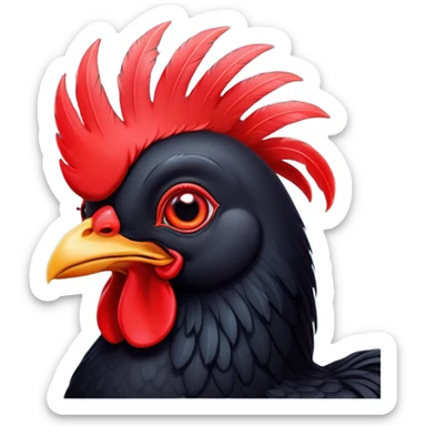 Cinematic Cute Black Chicken Portrait Emoji, Head tilted playfully and inquisitively, featuring sleek, lustrous black feathers and a vibrant red comb, round, sparkling beady eyes filled with curiosity, Simplified yet irresistibly adorable features, highly detailed, glowing with a warm, friendly glow, high shine, affectionate and lively, stylized with a touch of whimsical charm, bright and endearing, soft glowing outline, capturing the essence of a mischievous yet loving chicken, so playful it feels like it could peck out of the screen and into your arms! sticker