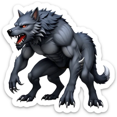 cinematic-noble-fierce-werewolf-full body on all fours-emoji, poised-and-imposing, with a tall, lean, and muscular wolfish frame inspired by the brutal, imposing shape of the beast from Berserk, fur rippling in shades of midnight black and silver, massive paws with razor-sharp claws, elongated limbs and fangs, eyes glowing with an intense, primal ferocity, reflecting the untamed power of the wild moonlit night; rendered with realism like a wolf sticker