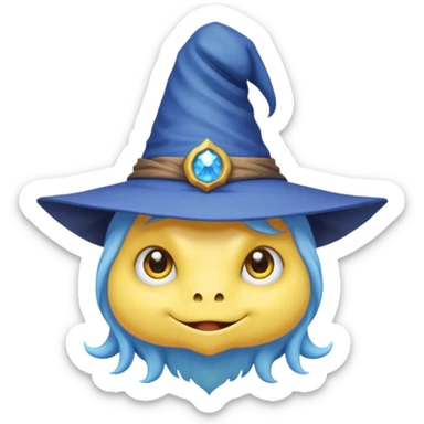 cute monster with white body, yellow tail, wearing blue sky witch hat. the face facing the front towards the 4th wall sticker