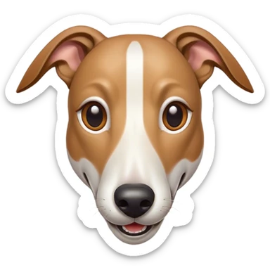 Cinematic Comical White and Brown Greyhound Portrait Emoji, Head tilted dramatically with an exaggeratedly amused expression, featuring a striking white Fur with dynamic brown accents, wide, expressive eyes filled with playful disbelief, Simplified yet hilariously expressive features, highly detailed, glowing with a slightly sassy glow, high shine, dramatic yet playful, stylized with an air of cheeky mischief, bright and endearing, soft glowing outline, capturing the essence of a spirited and over-the-top racer, so meme-worthy it feels like it could side-eye its way into internet fame instantly! sticker