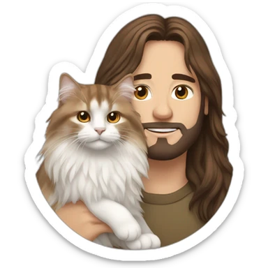 man with brown long hair holding a white Siberian cat sticker