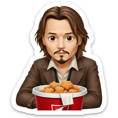 Johnny Depp sitting in a KFC bucket, long hair, goatee sticker