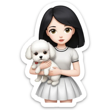 A beautiful girl with long straight black hair wearing a white skirt holding a small white Bichon Frise sticker