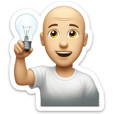 A bald boy with a surprised, joyful face holds up and points to the light bulb hanging above his head   sticker