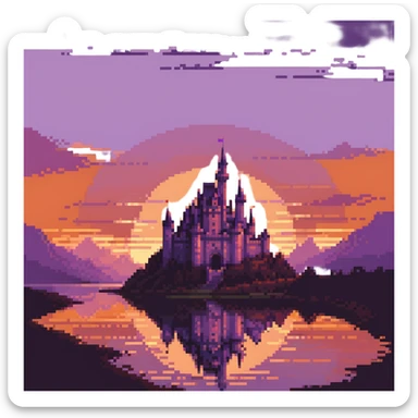 castle at sunset with warm orange and purple sky, dramatic lighting, no characters sticker