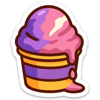 A scoop of Italian ice in purple, pink, and white, melting slightly, in a paper cup sticker