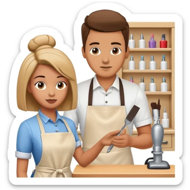 hair stylist wearing apron teaching student using mannequin head sticker