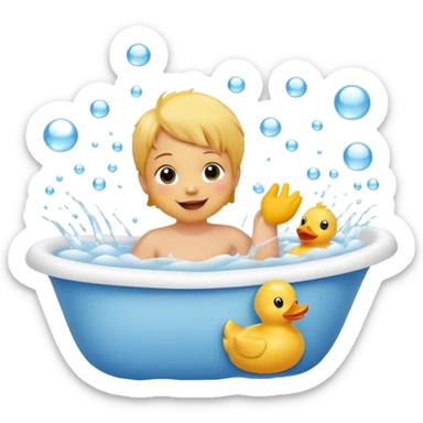 child splashing in a bathtub with rubber duck and bubbles, happy face sticker