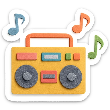 paper-craft style boombox with colorful musical notes floating around sticker