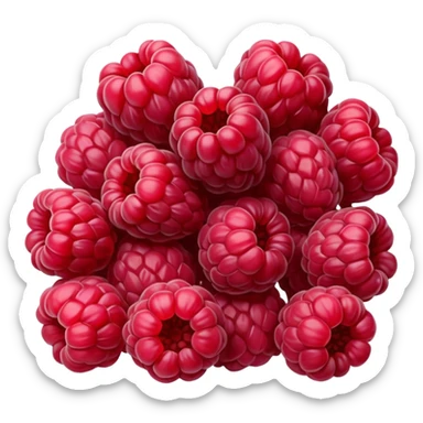 small cluster of whole dried raspberries with deep red to burgundy tones, wrinkled surfaces, hollow airy centers, matte slightly crisp texture, natural irregular shapes, no bowl or extras, soft lighting, subtle shadows, emoji scale sticker