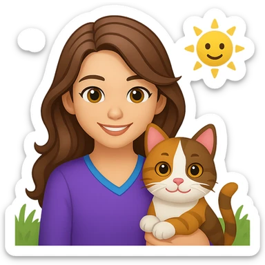 Add a simple, cheerful background to the scene with a girl with long, wavy brown hair, brown eyes, purple clothes, smiling with a three-color cat beside her, in emoji style. sticker