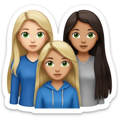 Three women, light skin with dark blonde long hair green eyes, tan skin black long hair with brown eyes, and light skin long blonde hair blue eyes, in cute casual wear sticker