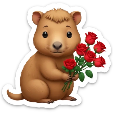 Cute baby capypara with sad puppy dog eyes holding roses  sticker