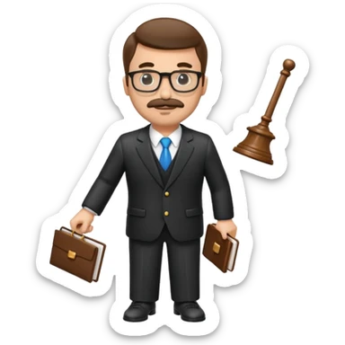 “Create a clean, modern emoji-style illustration of a male lawyer. He is wearing a formal suit jacket. He is holding a judge’s gavel in one hand and has a law book tucked under his arm. He has a mustache and a short beard, and he is wearing glasses. sticker