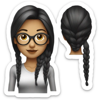 une fille avec de long cheveux noir lisse, la peau blanche ,et avec des lunette (en forme de carrer un peu déformé) assez grosse comparer a ça tête , portant un pull noir sticker