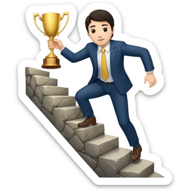 UN HOMBRE DE PIEL CLARA Y PELO OSCURO SUBIENDO ESCALERAS LARGAS PARA ALCANZAR UN TROFEO sticker