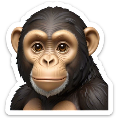 Cinematic Noble Chimpanzee Portrait Emoji, Poised and wise, with a lean, agile build adorned with textured fur and deep, thoughtful eyes, Simplified yet sharp and sophisticated features, highly detailed, glowing with a soft, contemplative glow, high shine, intelligent and vigilant, stylized with an air of primate regality, focused and attentive, soft glowing outline, capturing the essence of a watchful guardian that feels as though it could step out of the screen with effortless authority! sticker