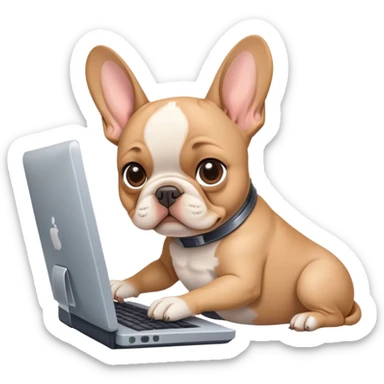 Frenchie working behind computer sticker