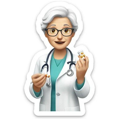 A Caucasian female doctor with glasses serving 25 pills to an old woman  sticker