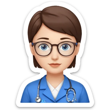 Blue eyes very short brown hair with glasses woman in care assistant blue uniform sticker