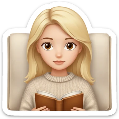 pretty blonde girl with brown eyes wearing a cozy sweater, with book sticker
