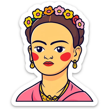cartoonish expressive portrait of Frida Kahlo with iconic unibrow and flowers sticker