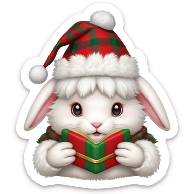 fluffy white angora rabbit wearing red and green plaid Christmas hat held in hands sticker