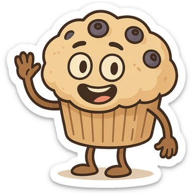 a smiling blueberry muffin with blueberries, waving hand, minimal style sticker