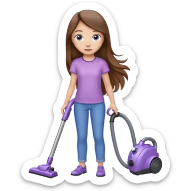 beautiful girl with long brown hair, blue eyes and wearing light purple clothes, cleaning and vacuuming sticker