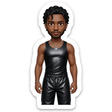 Usher with brown eyes, black hair, black metallic boat tank top, black metallic faux baggy pants, silver necklace sticker