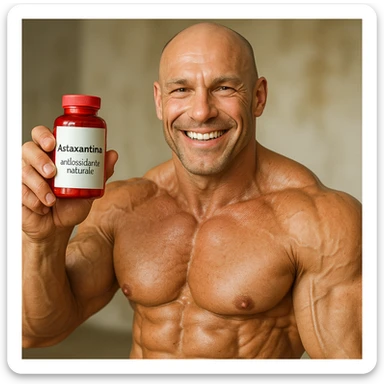 hyper realistic bodybuilder smiling showing red bottle of astaxanthin, defined muscles, clearly visible label, text 'Astaxantina: antiossidante naturale', positive atmosphere sticker