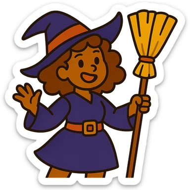 witch with caramel brown curly hair, holding a broom sticker