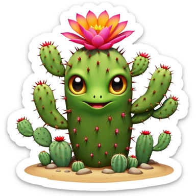 A desert-dwelling plant hybrid creature with cactus spines, eyes, blooming flower petals that change color with the temperature, and the ability to burrow underground with root-like limbs during sandstorms. sticker