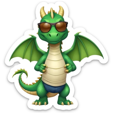 friendly anthropomorphised green dragon in a sports t-shirt and jeans wearing dark sunglasses sticker
