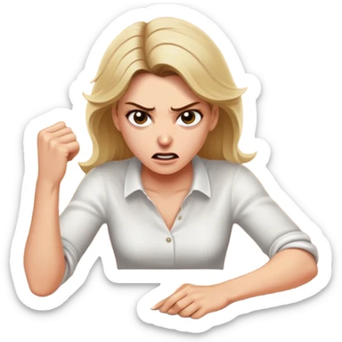 White woman ripping a white tablecloth off of a wooden table in anger sticker