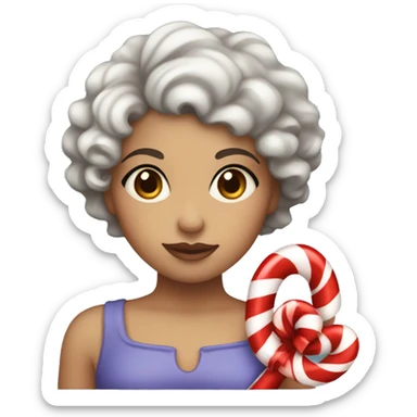 Girl With short Curly hair and dark brown hair and dark brown eyes holding a candy cane  sticker