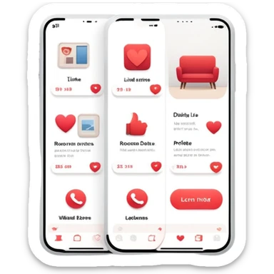smartphone displaying a Tinder-like dating app interface, but with interior design rooms instead of people profiles, with like and dislike buttons sticker