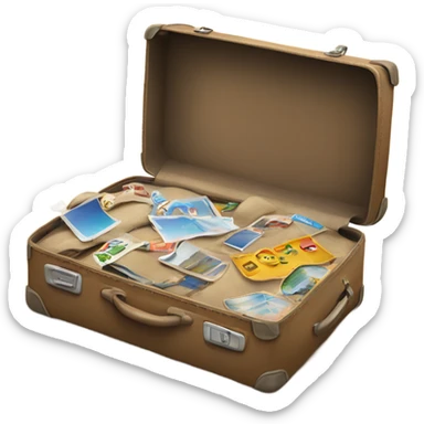 A suitcase with travel stickers placed on a sandy shore sticker
