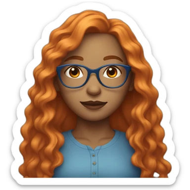 A not tinted girl with orange long wavy hair, blue glasses and a blue blousse sticker