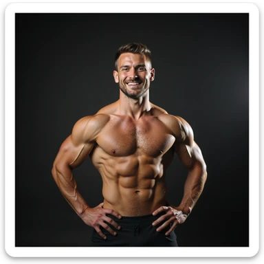 realistic 4K photo of a confident crossfit male athlete with sculpted abs, visible muscles, bright lighting, gym background, proud posture sticker
