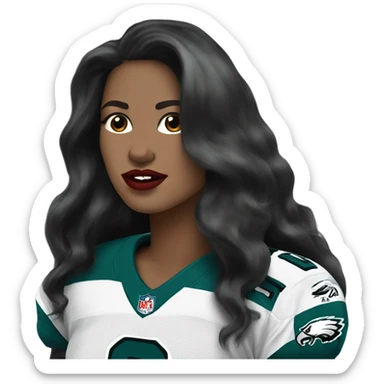 White female long dark hair red lips wearing Philadelphia Eagles jersey sticker