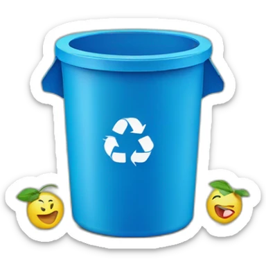 Blue recyclable trash can with recycling emoji prints sticker