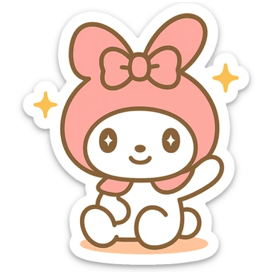 My Melody sitting and waving with pink hood and bow, charming cartoon style emoji sticker