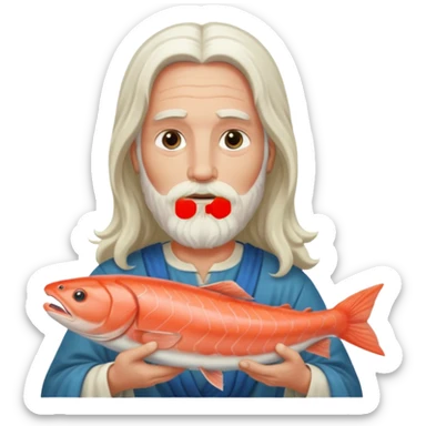 a white Jesus with a long beard holding a salmon sticker