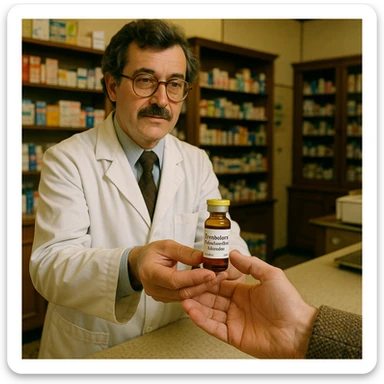 Create a realistic image of a pharmacist in France in 1980 delivering a vial of Trenbolone esaidrobenzilcarbonata to a customer. The pharmacist and pharmacy environment should reflect 1980s clothing and decor with historical details. The setting is a pharmacy with a side or top angle view. The vial's label must clearly show the name 'Trenbolone esaidrobenzilcarbonata'. sticker